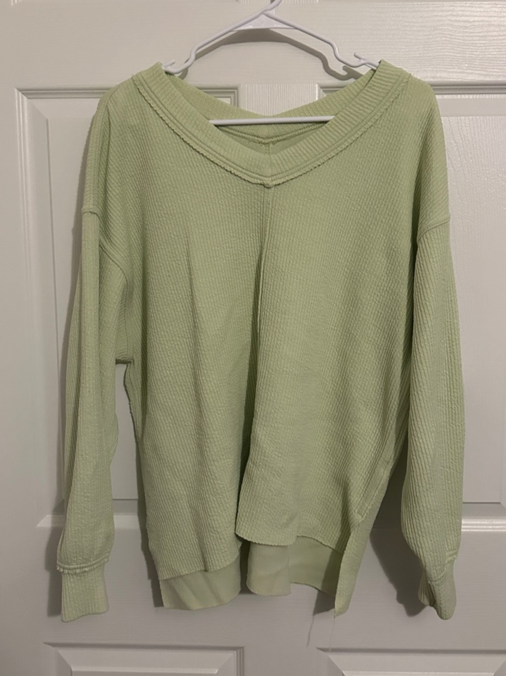 Aerie Light Green Waffle-Knit V-Neck Sweatshirt